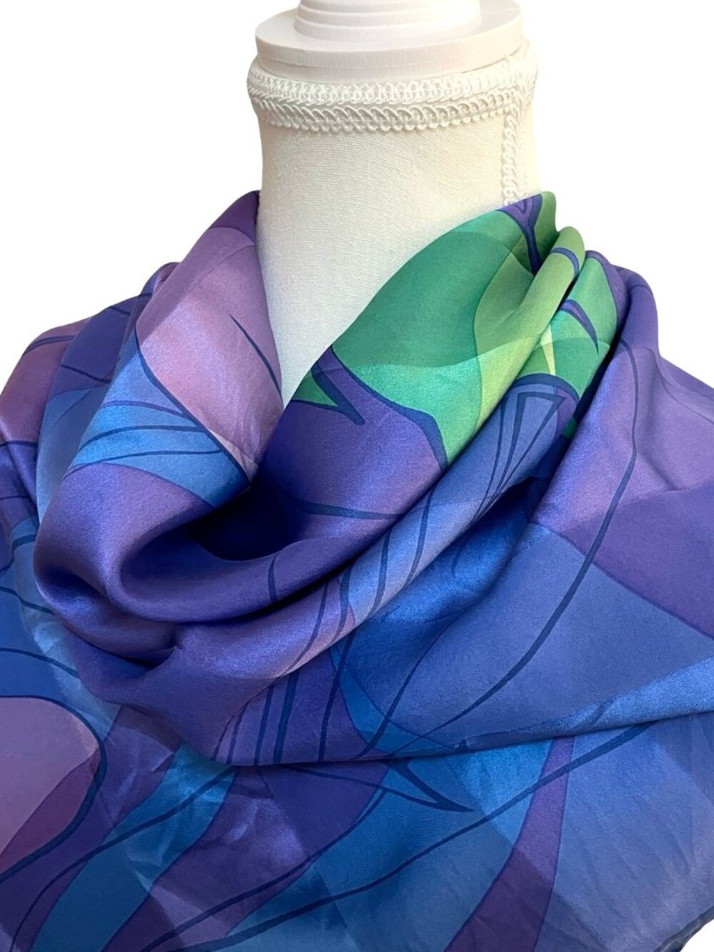 Marja Kurki Abstract Floral Silk Feel Scarf Purple Blue Hand Rolled 33 x 34 - Picture 4 of 8